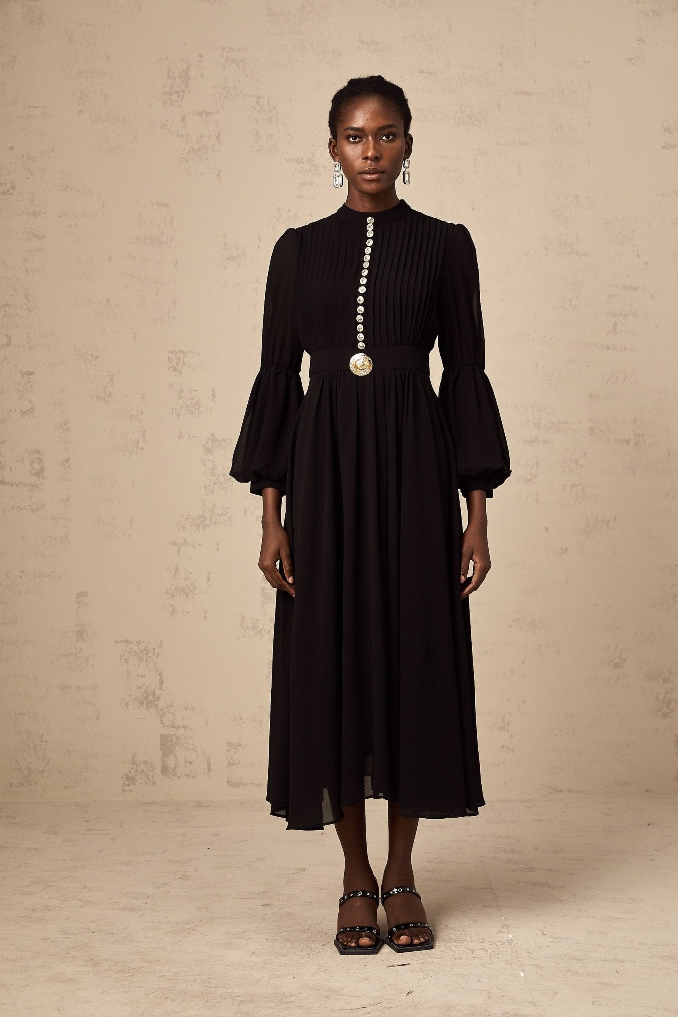Sloan Midi Dress Black Pleated Gold Button Front Balloon Sleeves