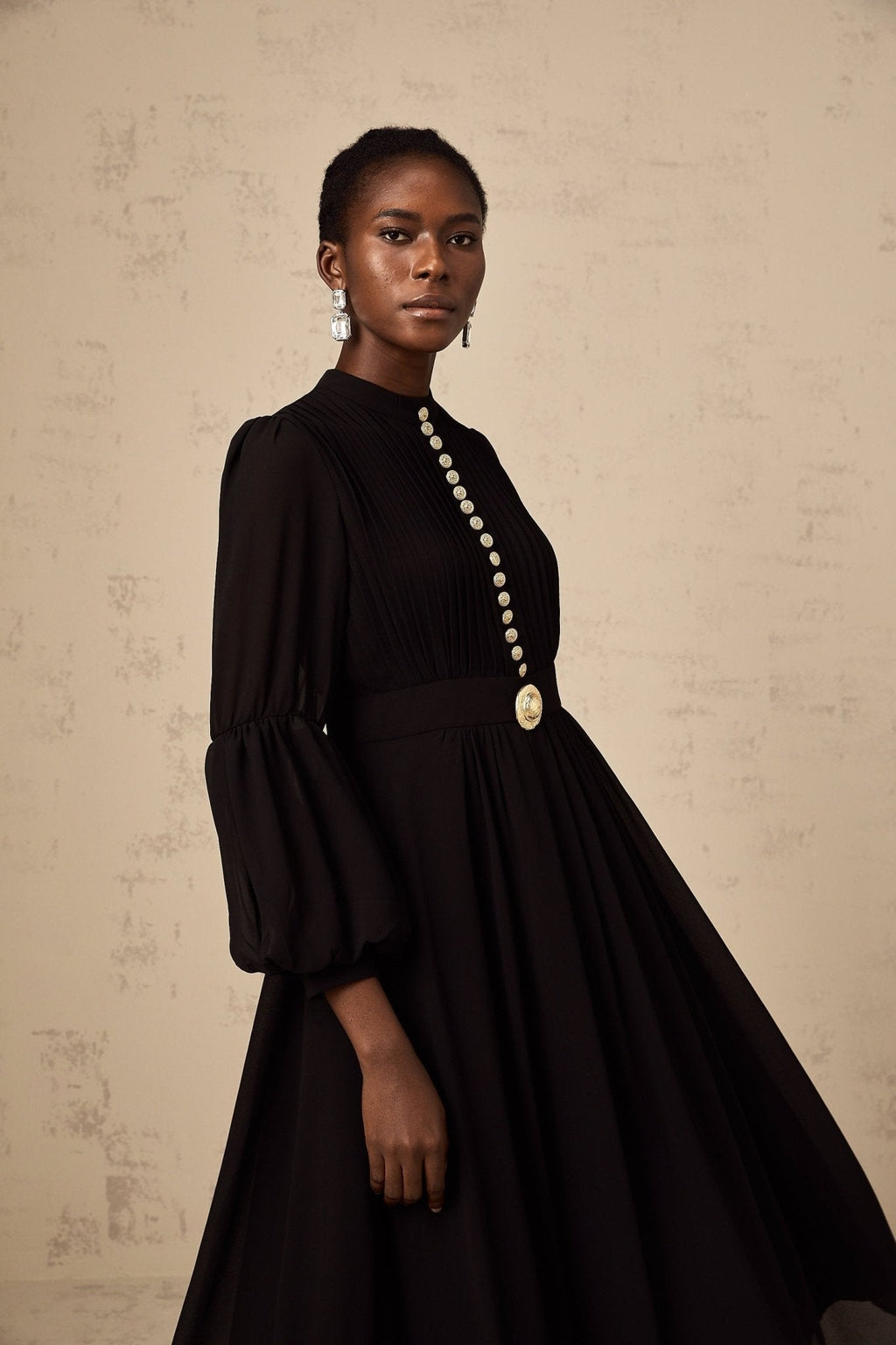 Sloan Midi Dress Black Pleated Gold Button Front Balloon Sleeves