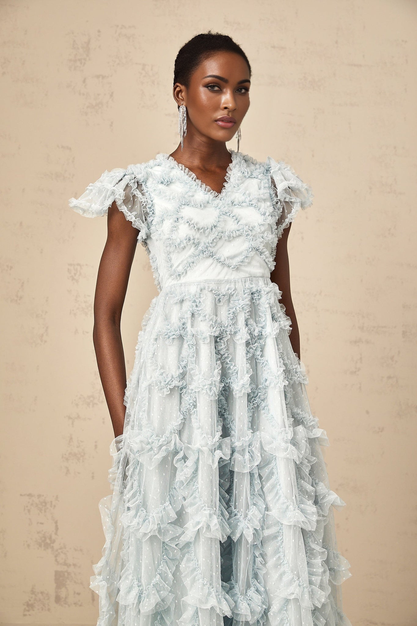 Sloan Midi Dress in Blue with Ruffled VNeck & Dot Embroidery