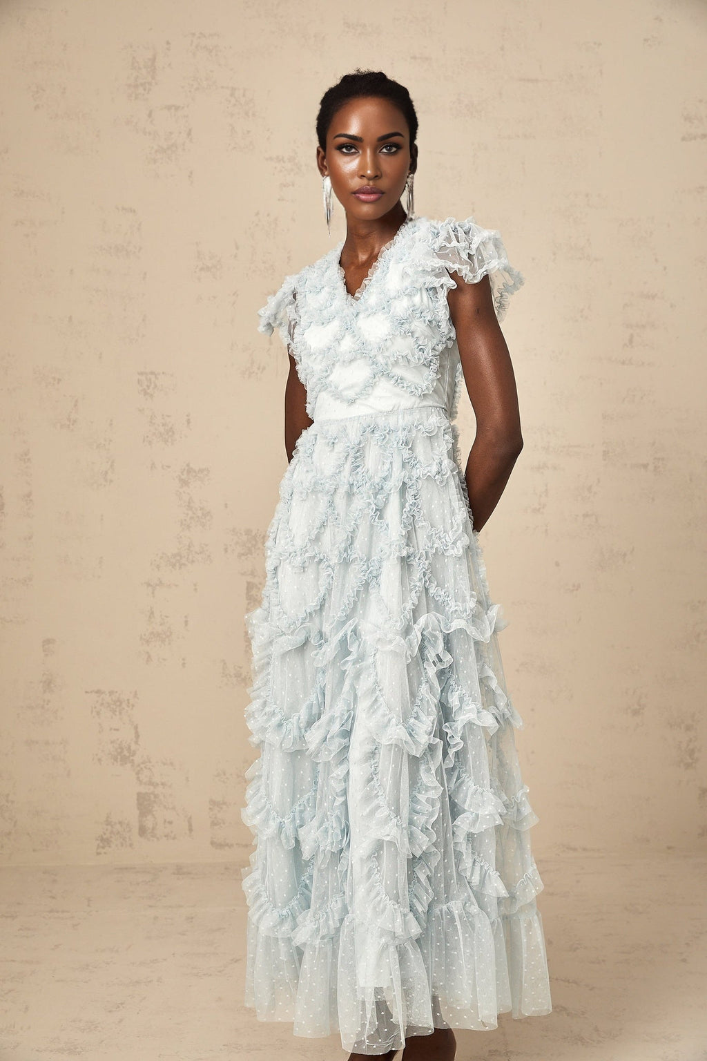 Sloan Midi Dress in Blue with Ruffled VNeck & Dot Embroidery