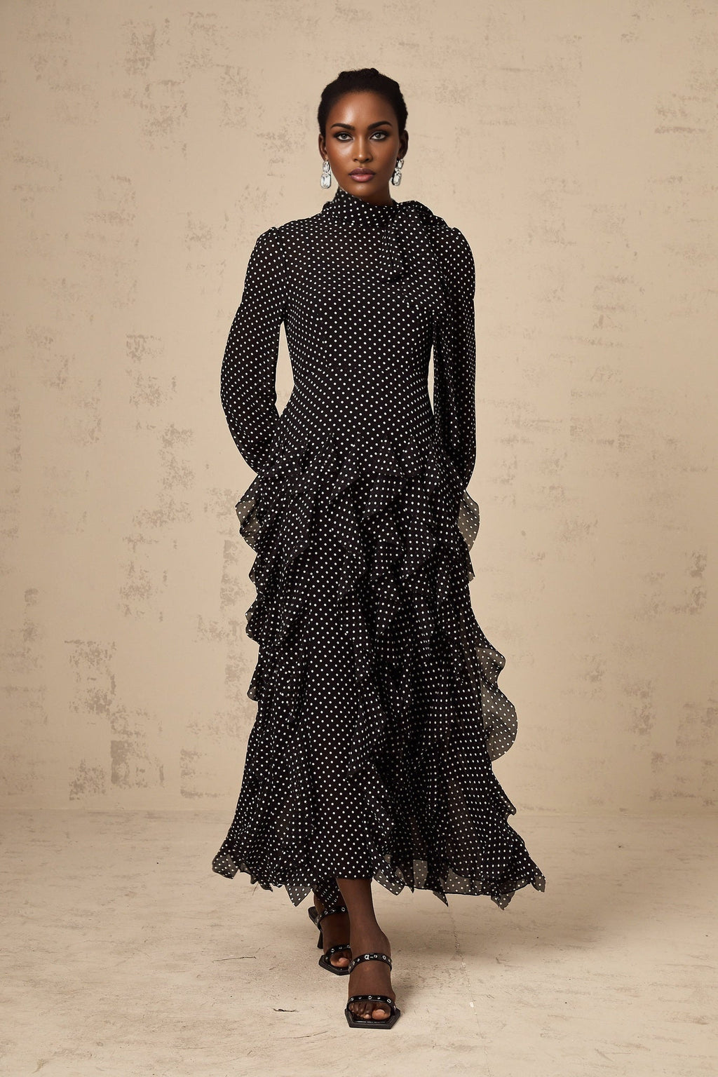 Sloan Midi Dress Polka Dot Ruffles Black & White Ankle Length Bow Elegant Zip Fastening