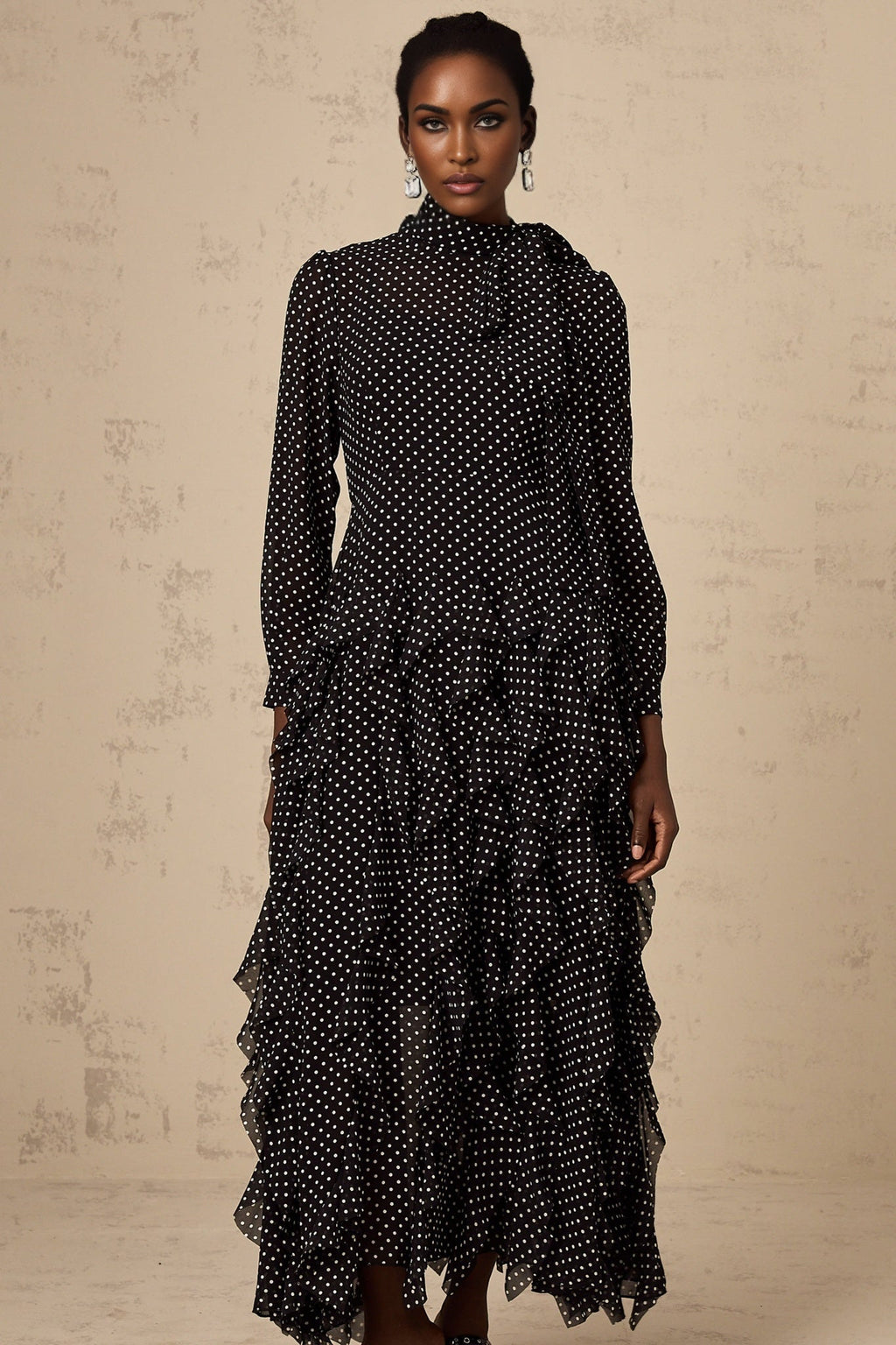 Sloan Midi Dress Polka Dot Ruffles Black & White Ankle Length Bow Elegant Zip Fastening