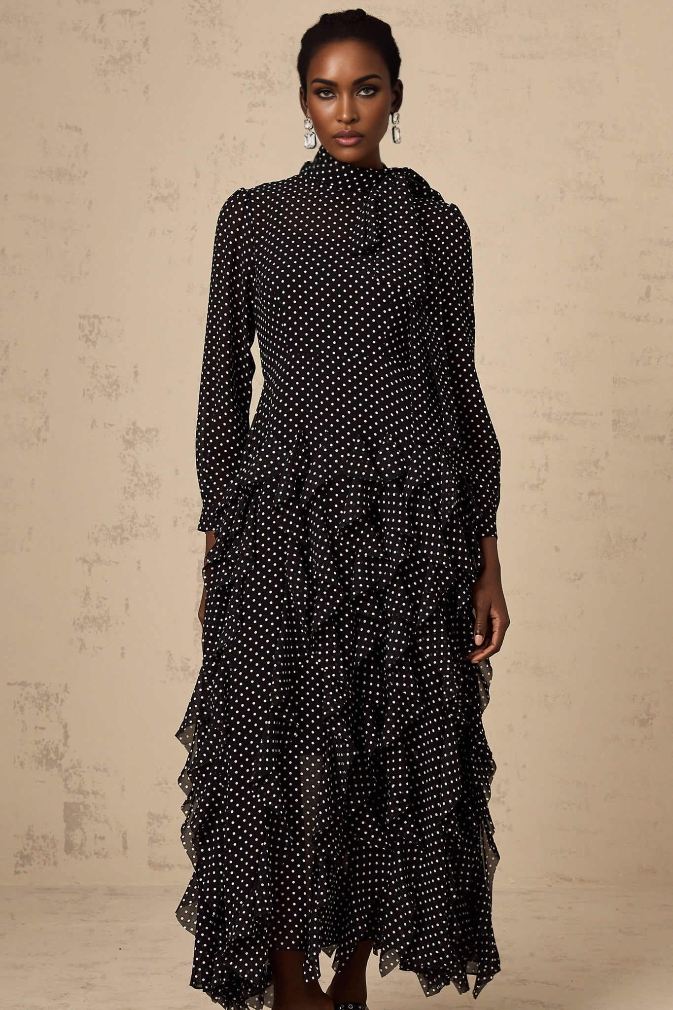 Sloan Midi Dress Polka Dot Ruffles Black & White Ankle Length Bow Elegant Zip Fastening