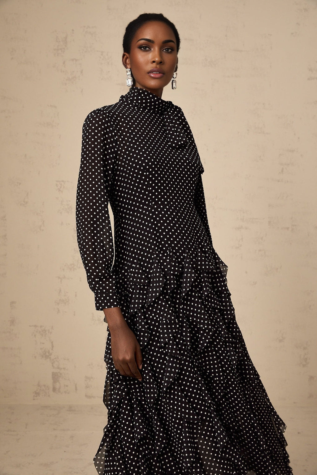 Sloan Midi Dress Polka Dot Ruffles Black & White Ankle Length Bow Elegant Zip Fastening