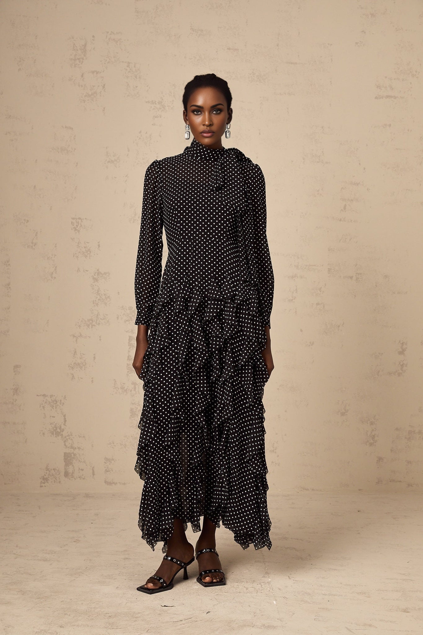 Sloan Midi Dress Polka Dot Ruffles Black & White Ankle Length Bow Elegant Zip Fastening