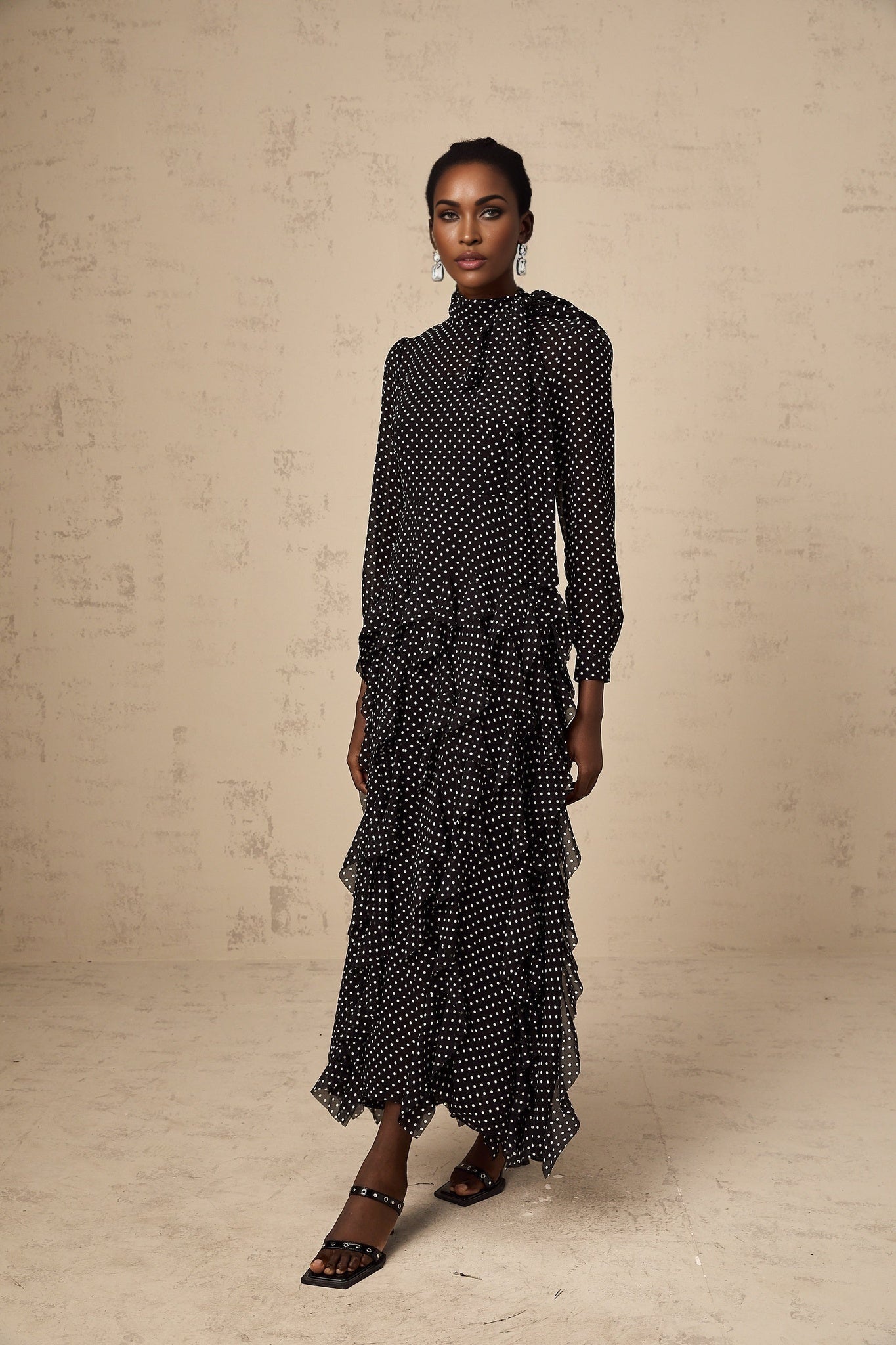Sloan Midi Dress Polka Dot Ruffles Black & White Ankle Length Bow Elegant Zip Fastening