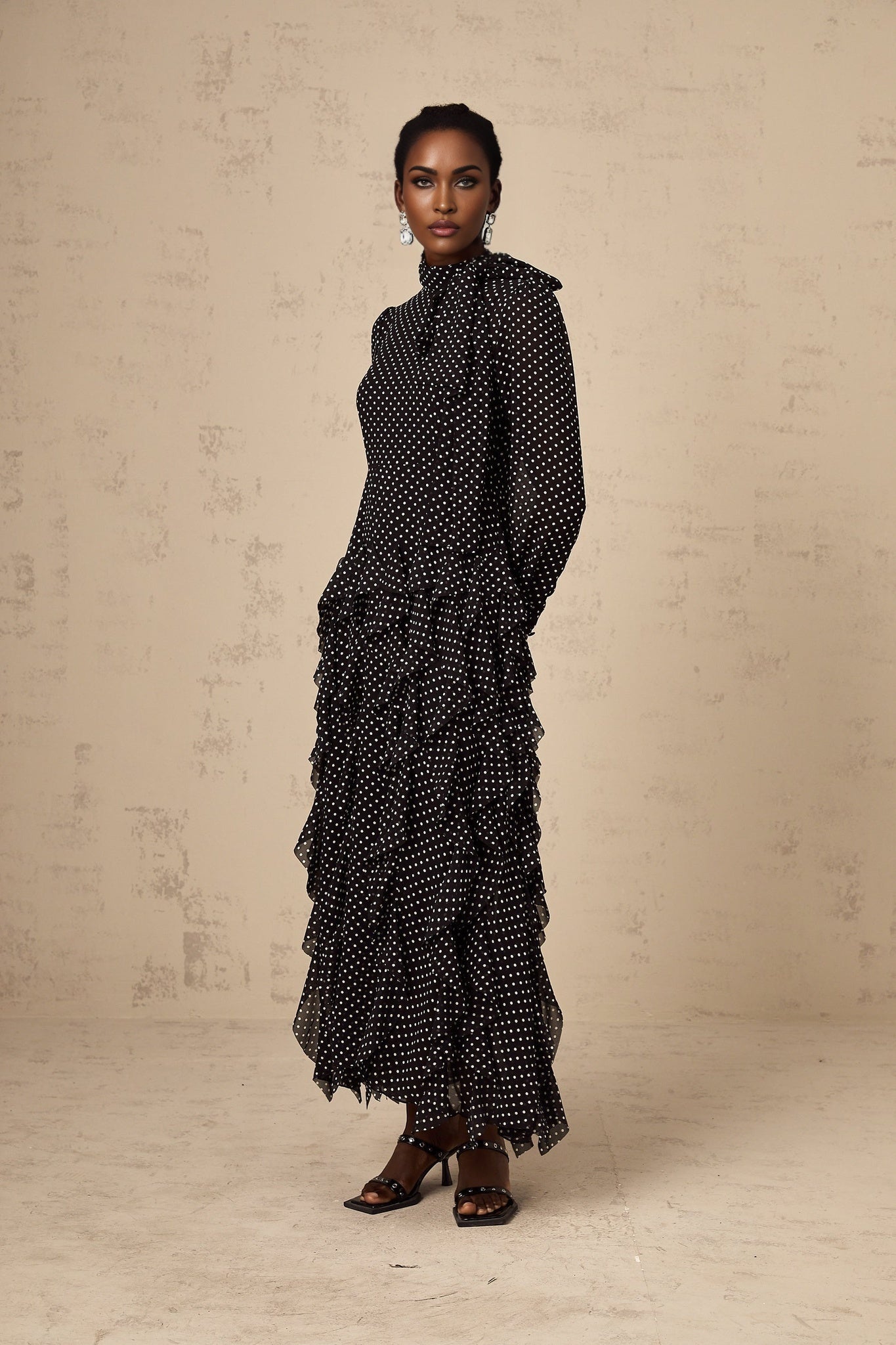 Sloan Midi Dress Polka Dot Ruffles Black & White Ankle Length Bow Elegant Zip Fastening