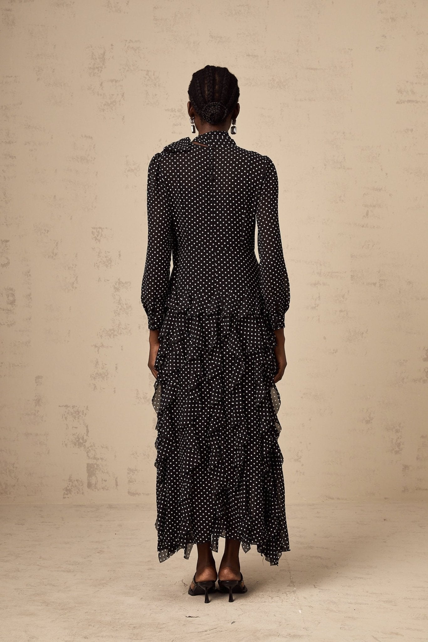 Sloan Midi Dress Polka Dot Ruffles Black & White Ankle Length Bow Elegant Zip Fastening