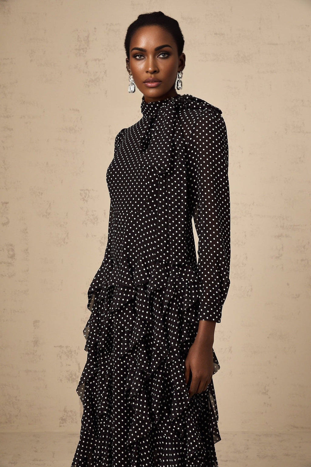 Sloan Midi Dress Polka Dot Ruffles Black & White Ankle Length Bow Elegant Zip Fastening