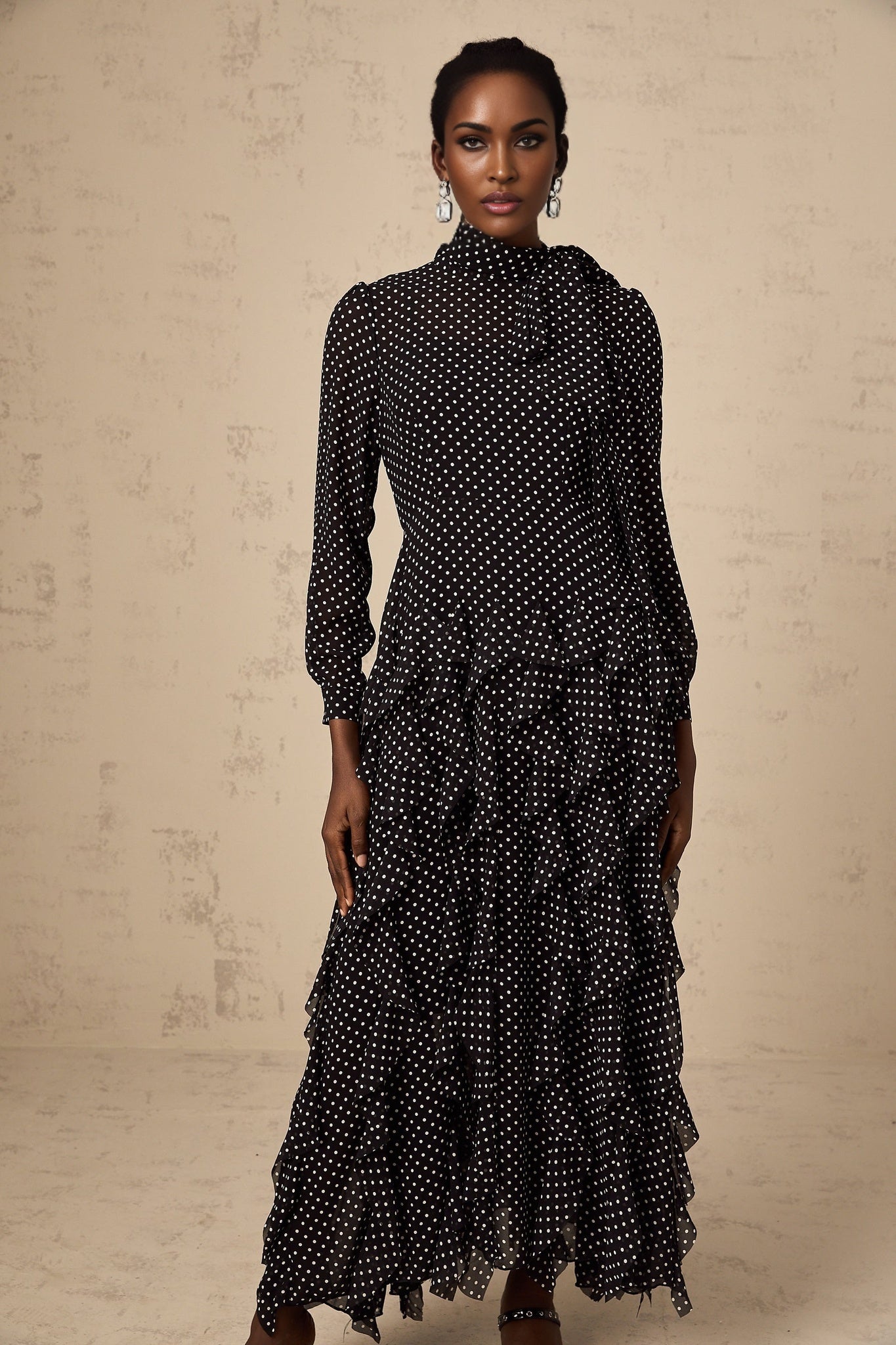 Sloan Midi Dress Polka Dot Ruffles Black & White Ankle Length Bow Elegant Zip Fastening