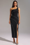 Sofia Black Bandage One Shoulder Dress with Diamond Detailing and Thigh-High Slit for Women