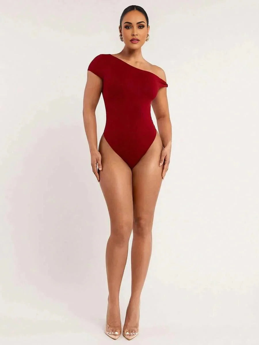 Sofia Bodysuit - High Stretch Fabric - Slim Fit - Asymmetrical, Criss Cross - Casual Style - Short Sleeve Length - Natural Waist (mid Waist)