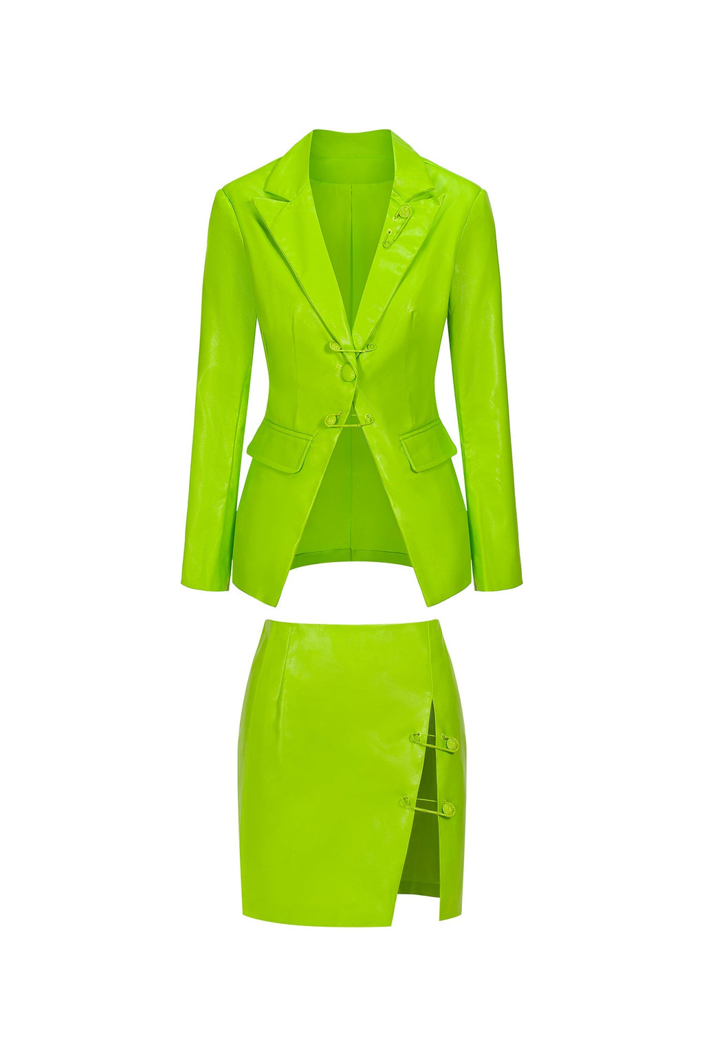 Sofia Green Leather Blazer Mini Skirt Set Notched Collar Button Detailing Side Slit