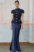 Sofia Maxi Dress - Navy Blue with Peplum Waist, Detachable Skirt