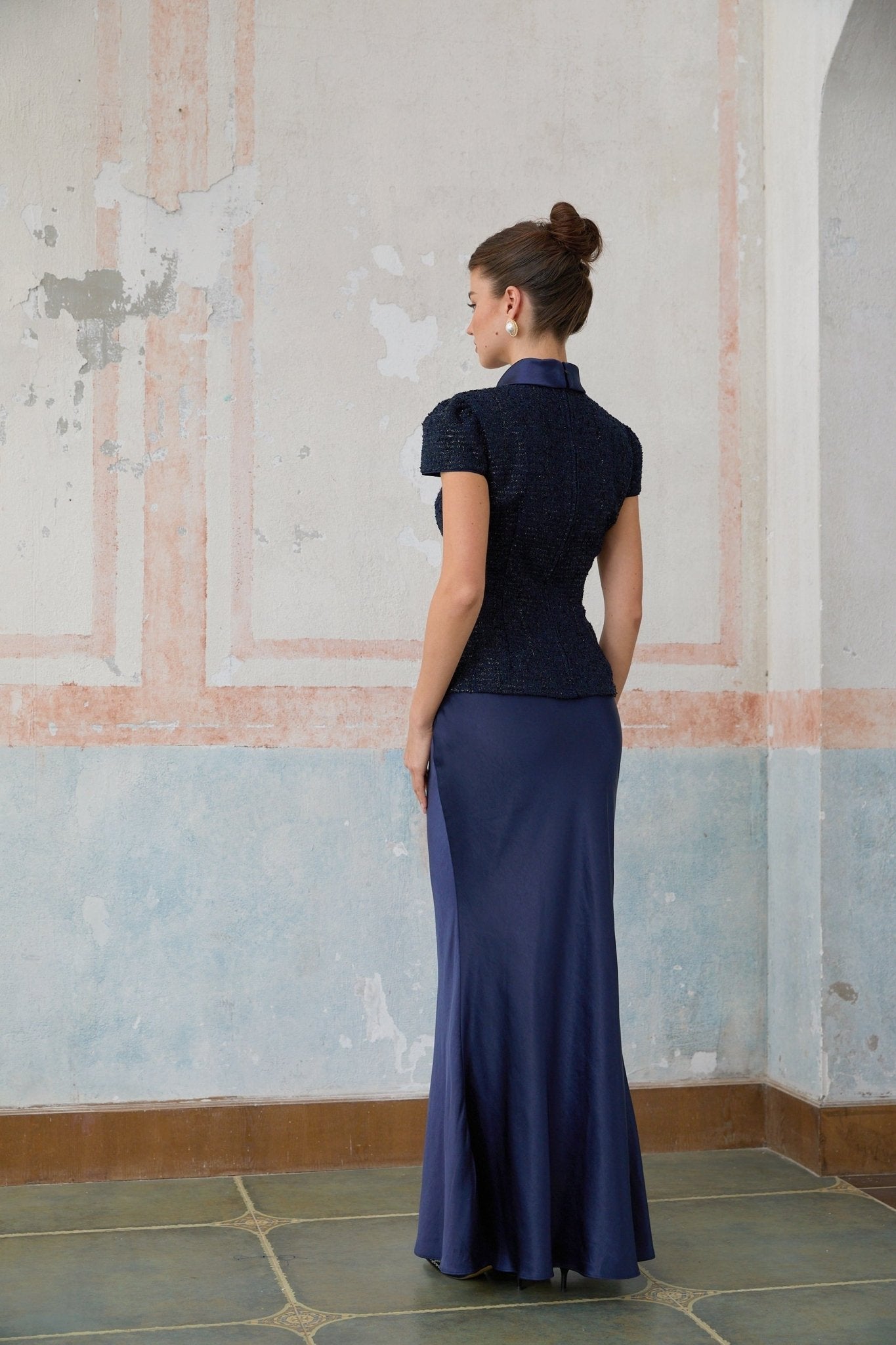 Sofia Maxi Dress - Navy Blue with Peplum Waist, Detachable Skirt