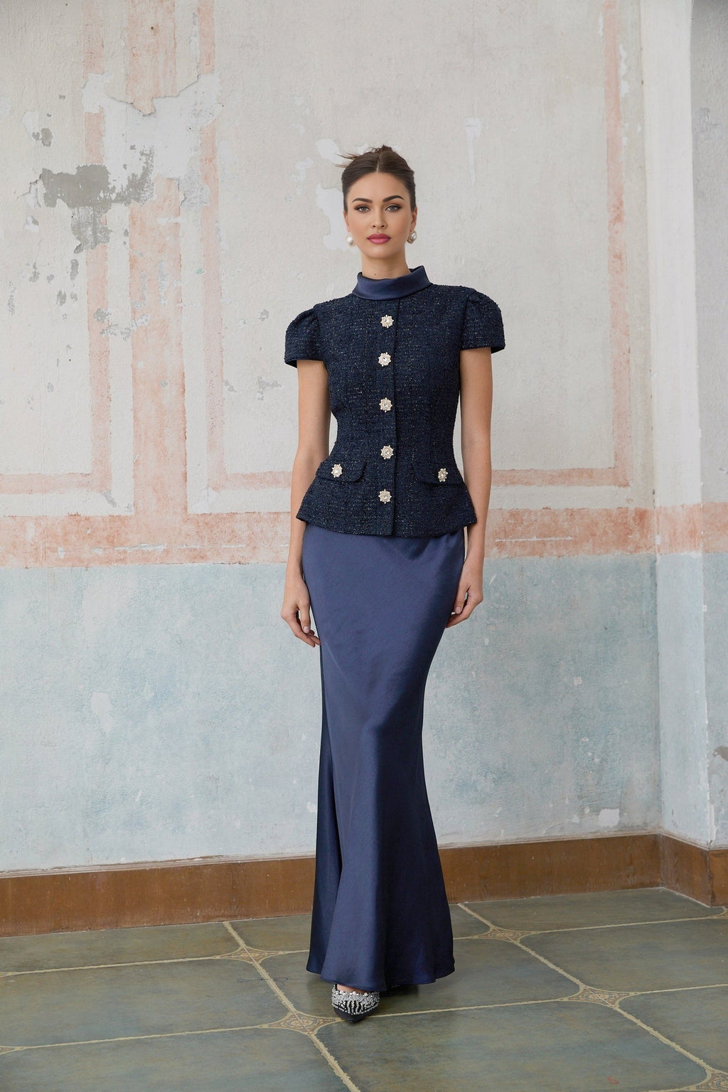 Sofia Maxi Dress - Navy Blue with Peplum Waist, Detachable Skirt