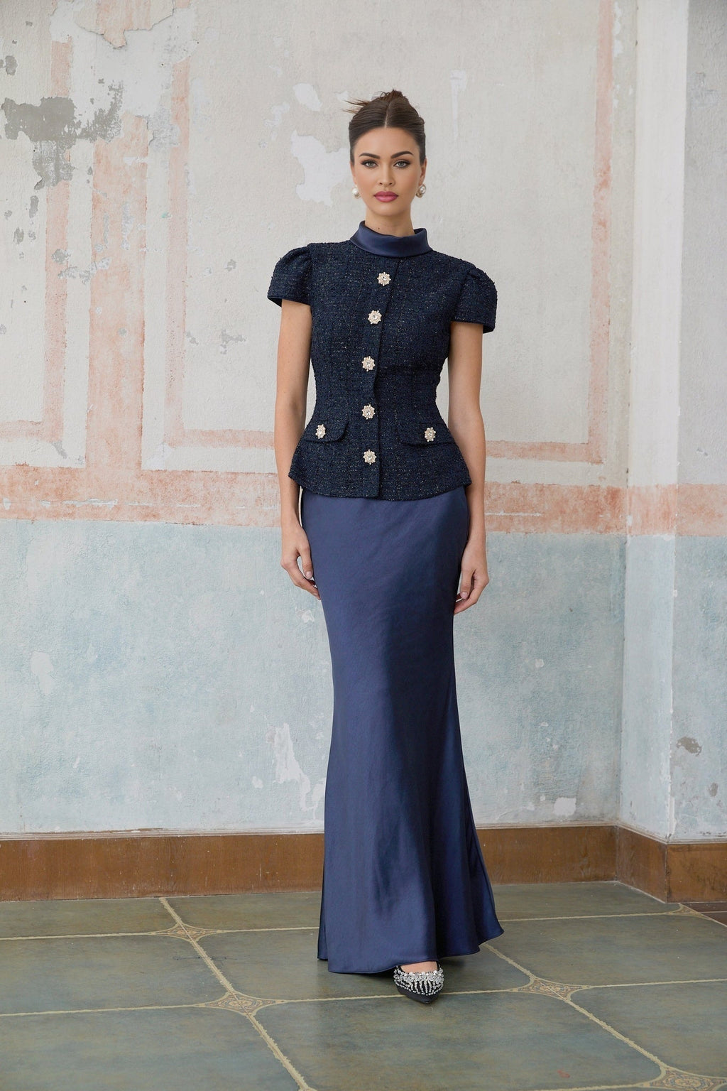 Sofia Maxi Dress - Navy Blue with Peplum Waist, Detachable Skirt