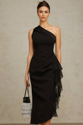 Sofia Midi Dress Black Lace Panel Ruffled Calflength