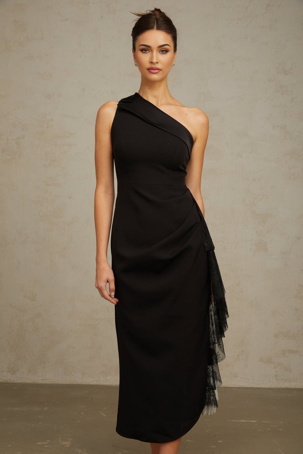 Sofia Midi Dress Black Lace Panel Ruffled Calflength