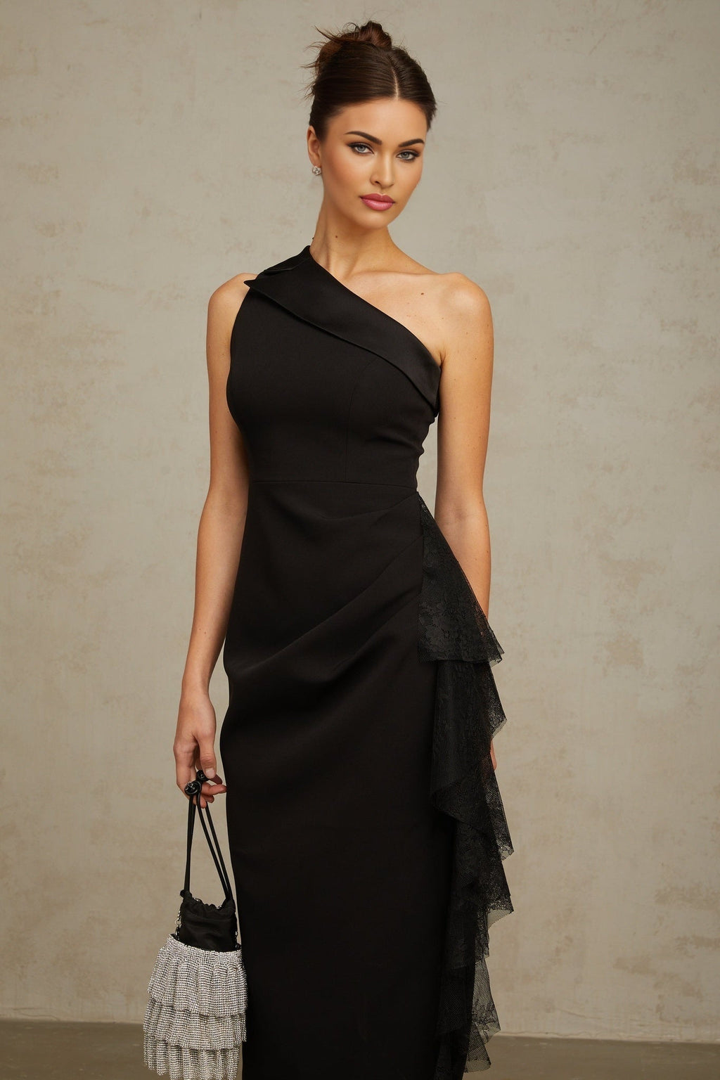 Sofia Midi Dress Black Lace Panel Ruffled Calflength