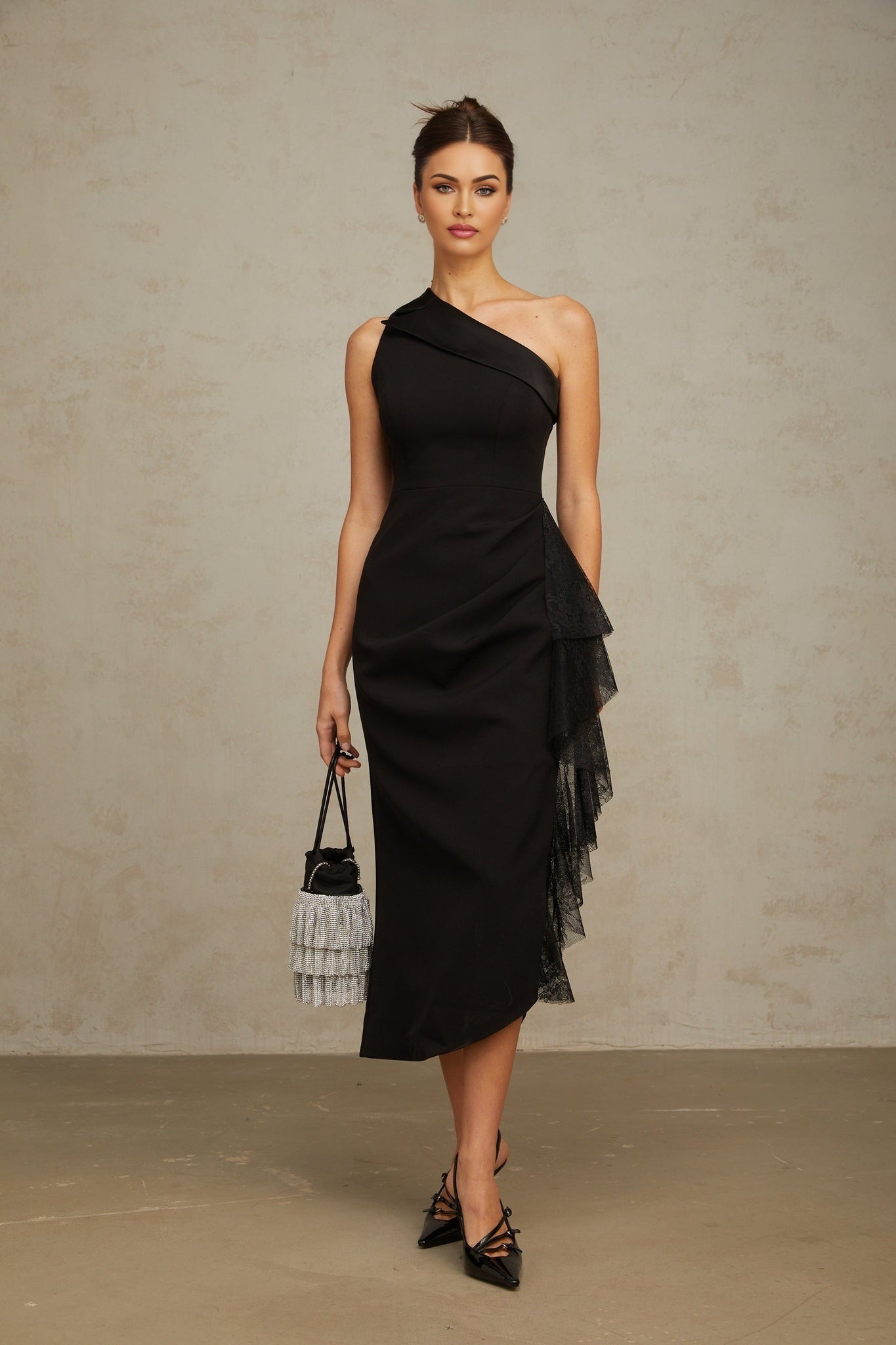 Sofia Midi Dress Black Lace Panel Ruffled Calflength