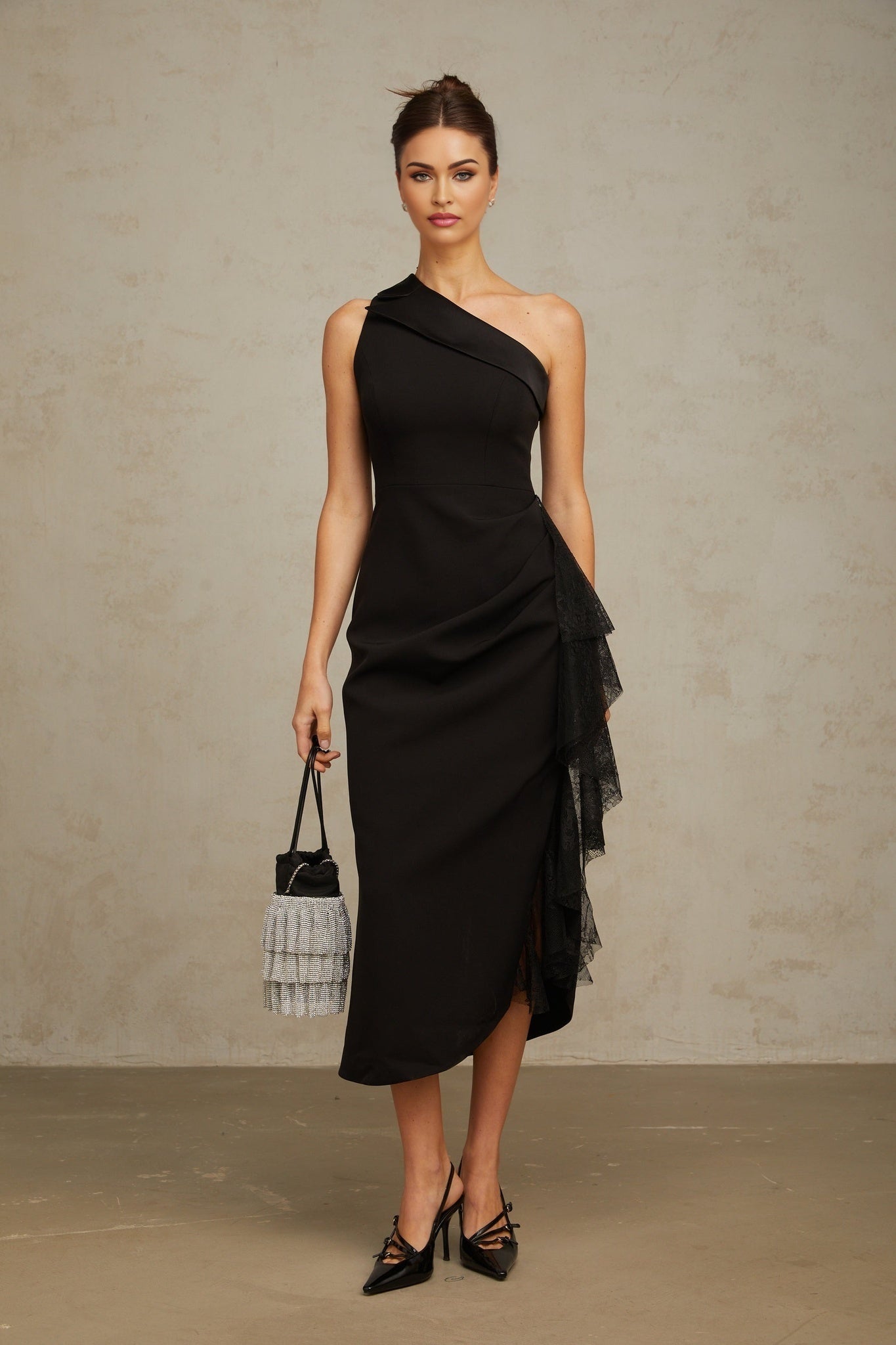 Sofia Midi Dress Black Lace Panel Ruffled Calflength
