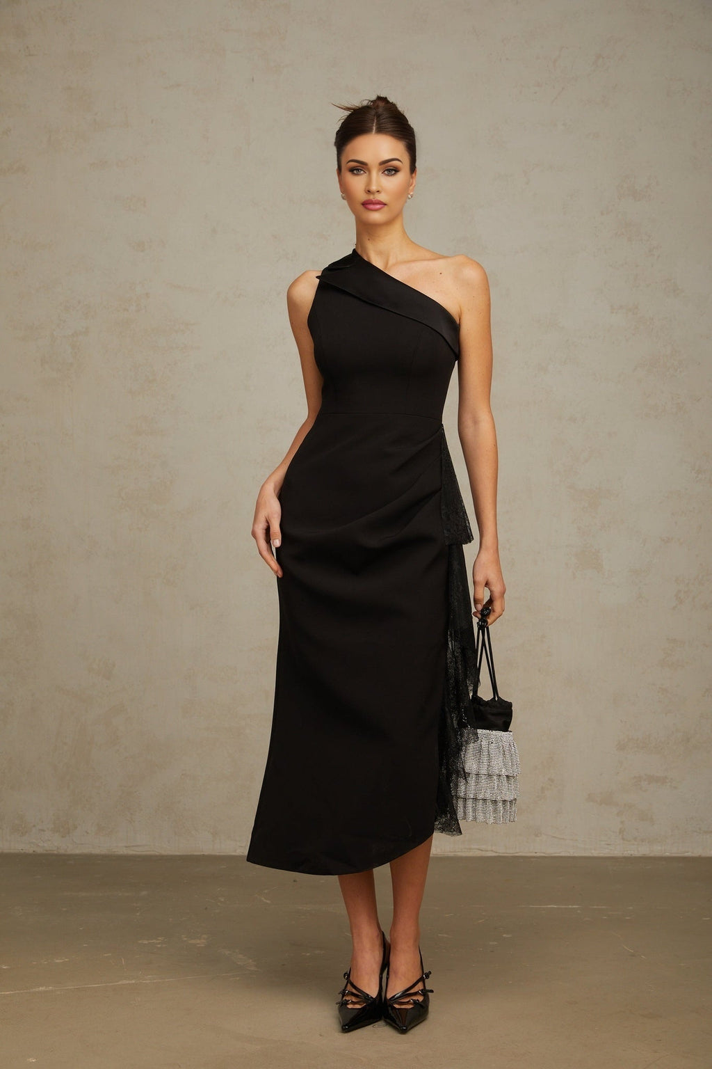 Sofia Midi Dress Black Lace Panel Ruffled Calflength