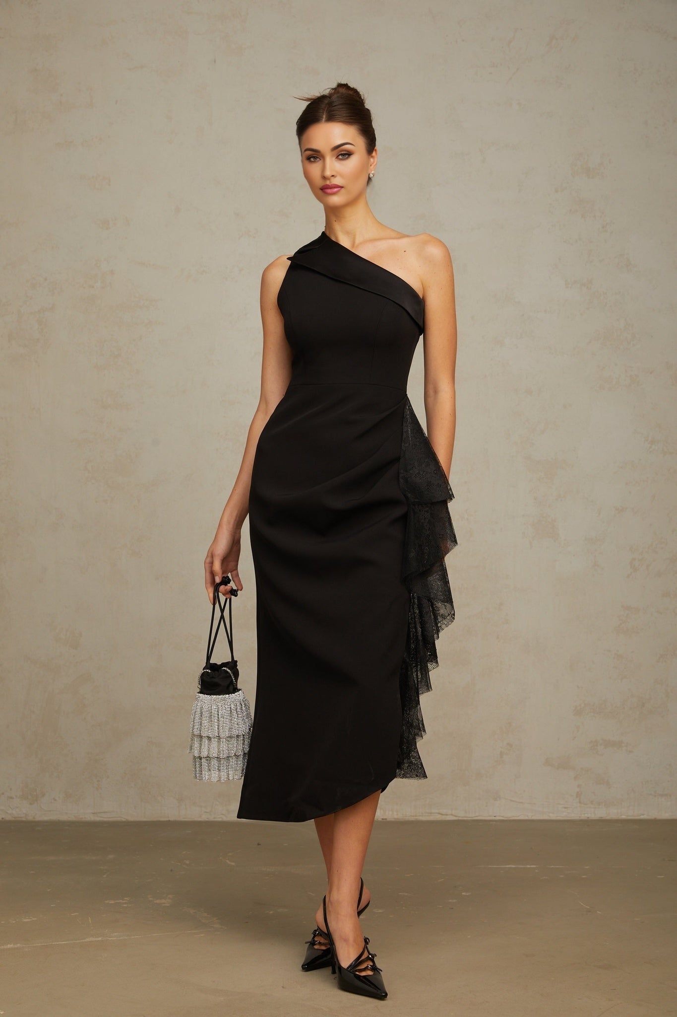 Sofia Midi Dress Black Lace Panel Ruffled Calflength
