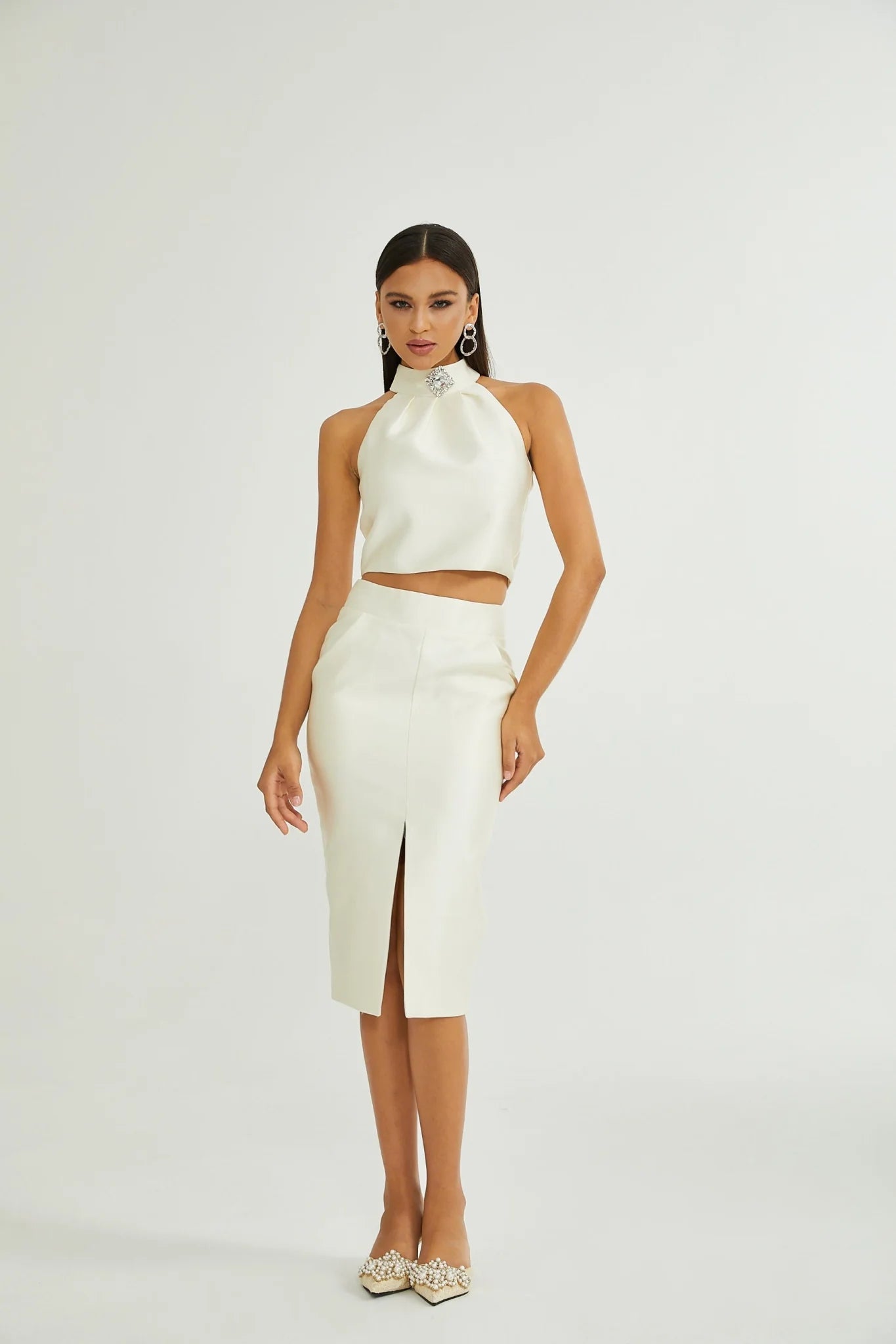 Sofia White Crystal - Embellished Top and Slit Skirt Set