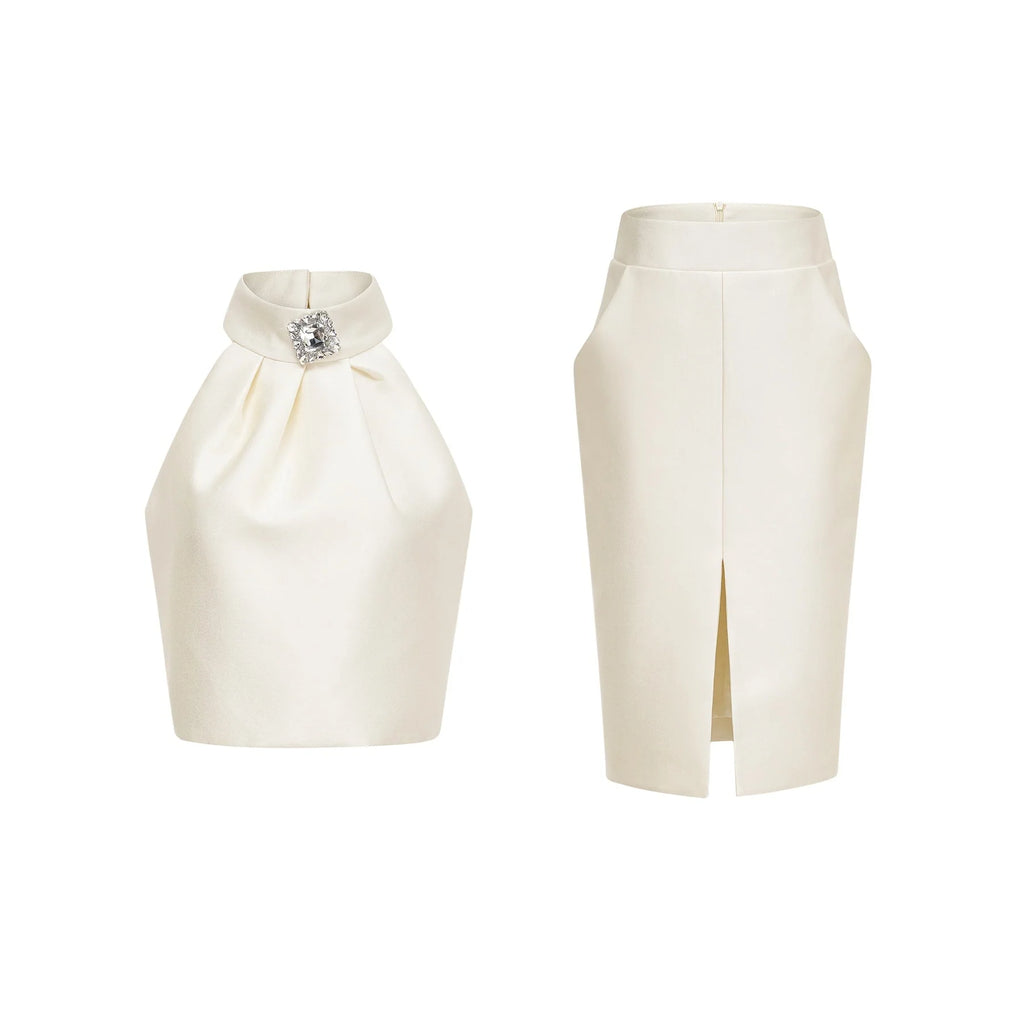 Sofia White Crystal - Embellished Top and Slit Skirt Set