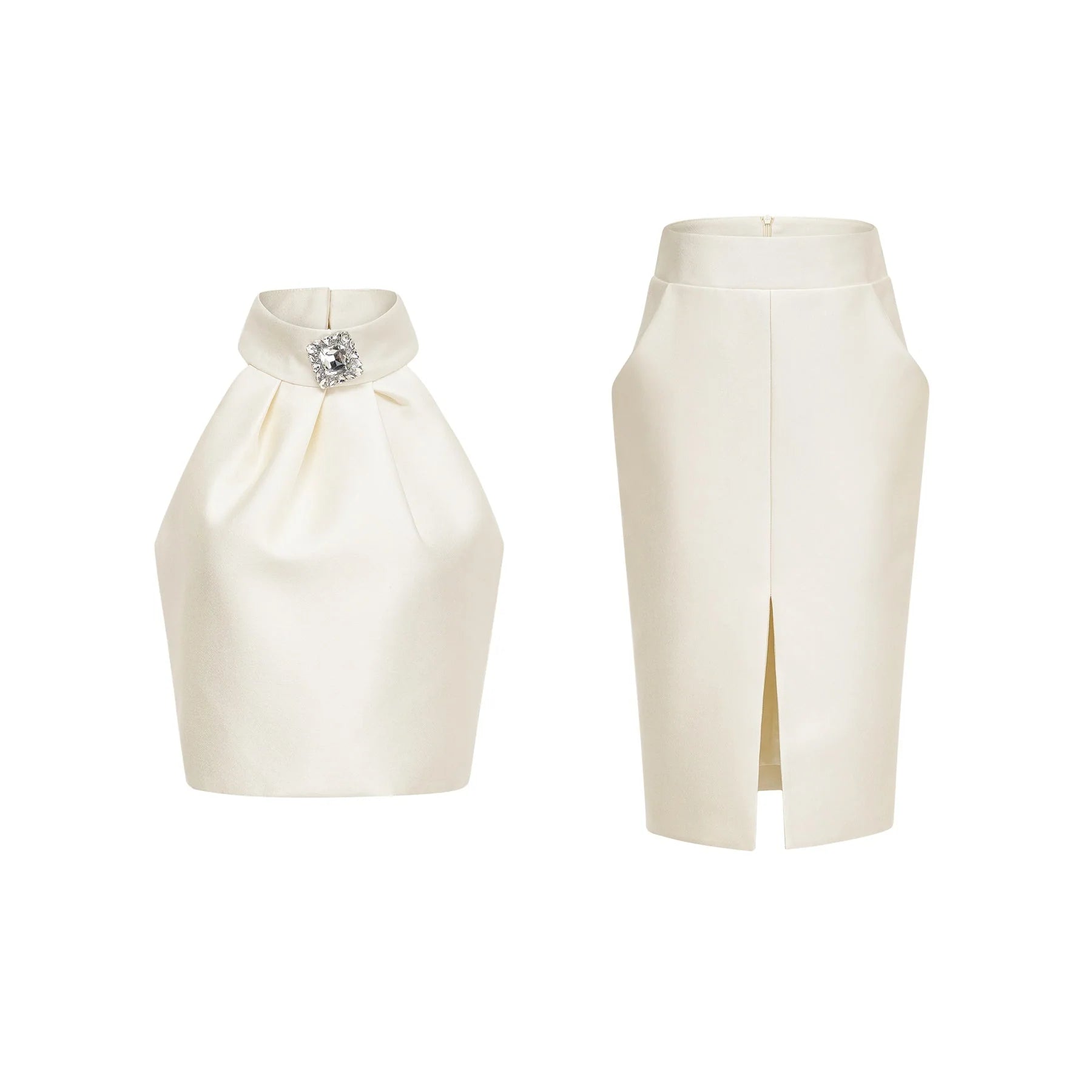 Sofia White Crystal - Embellished Top and Slit Skirt Set