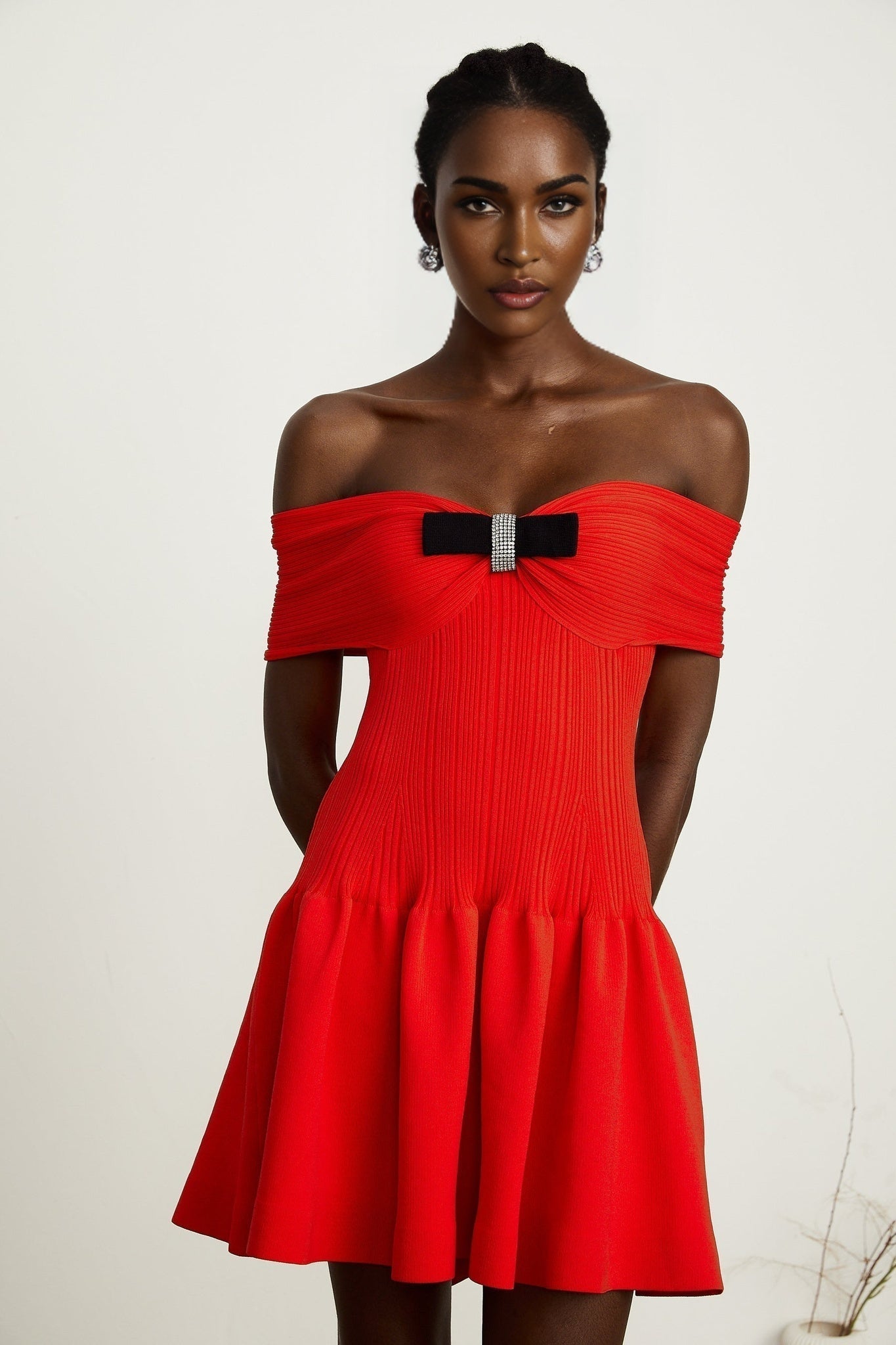 Sonia Mini Dress Red Off Shoulder Crystal Bow Flare