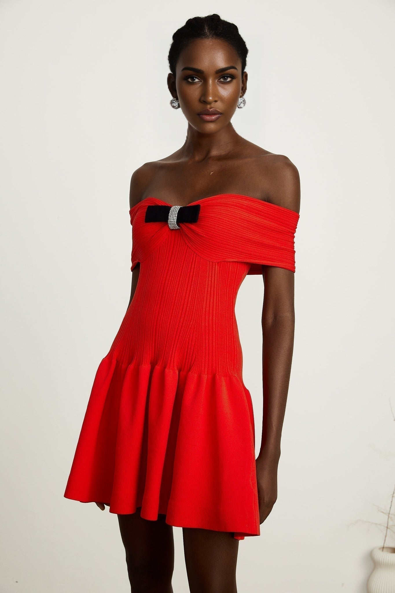 Sonia Mini Dress Red Off Shoulder Crystal Bow Flare