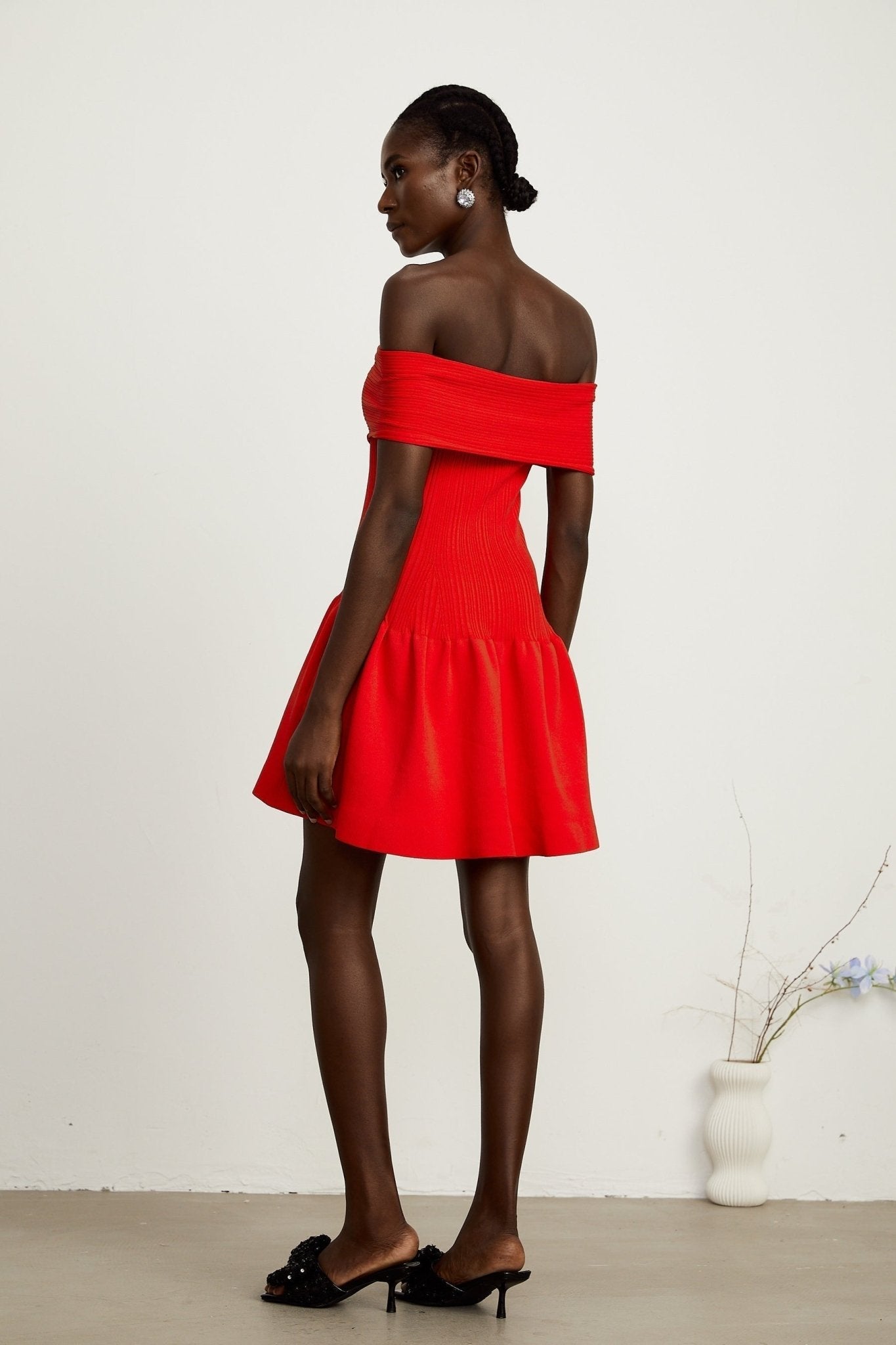 Sonia Mini Dress Red Off Shoulder Crystal Bow Flare
