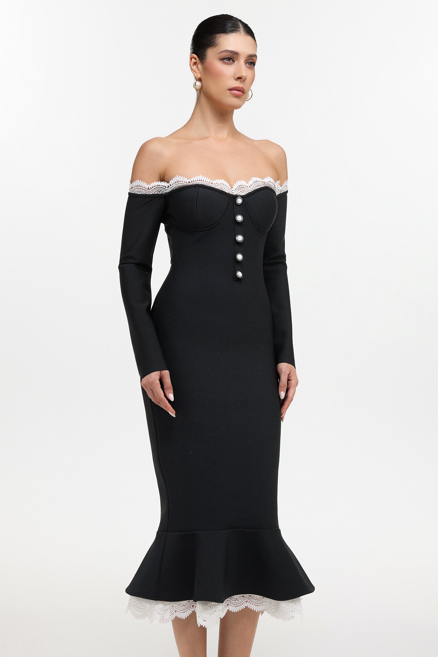 Sophia Black Lace Off-Shoulder Button Front Bodycon Dress