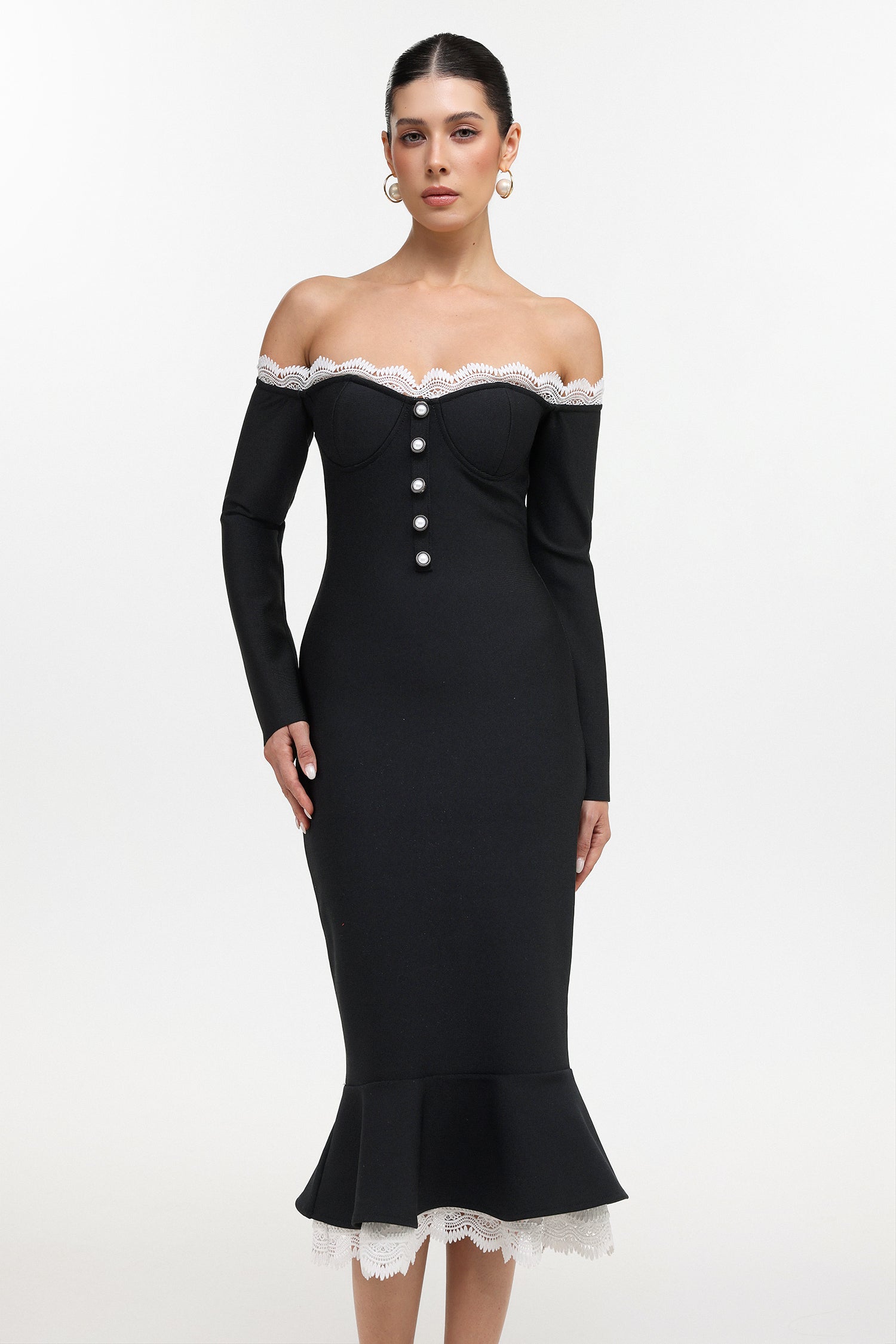 Sophia Black Lace Trim Off-Shoulder Button Front Bodycon Dress