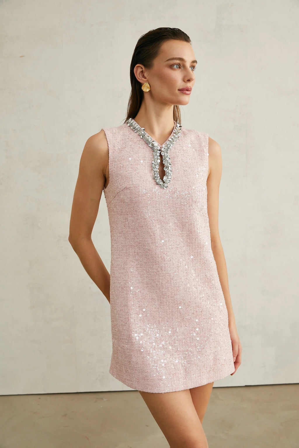 Sophia Mini Dress Pink Sequin Tweed V Neck Hem