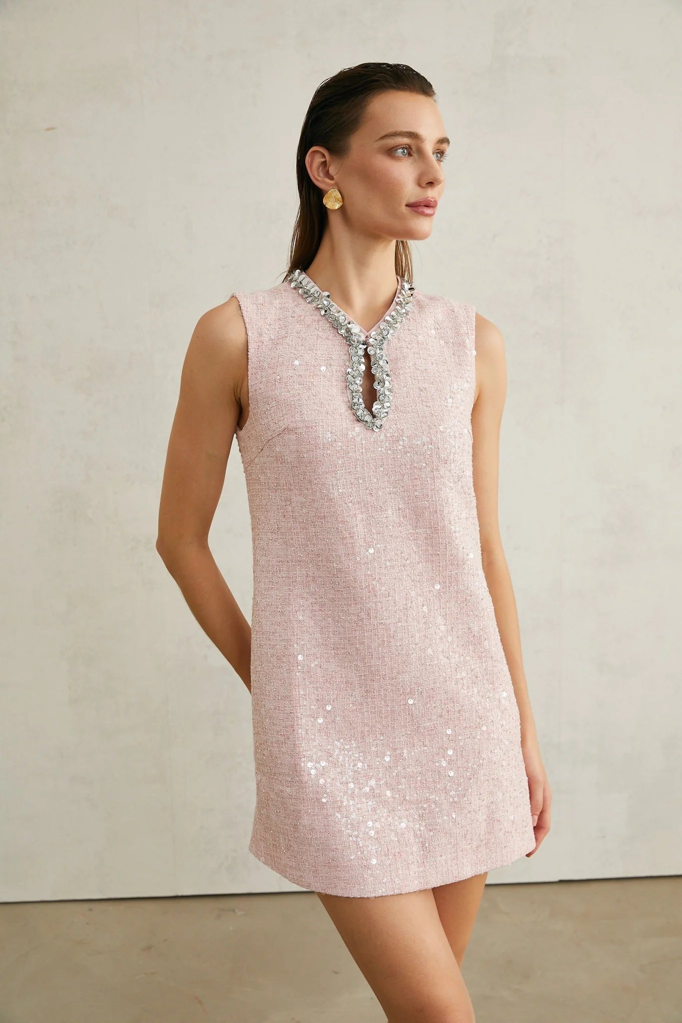 Sophia Mini Dress Pink Sequin Tweed V Neck Hem