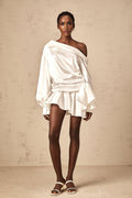Sophia Mini Dress White Satin One Shoulder Deconstructed