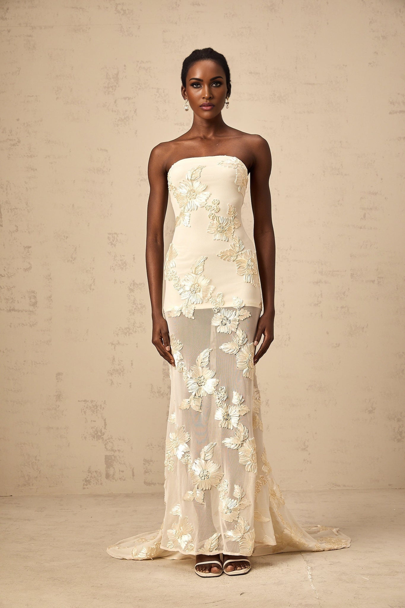 Sophia Off - Shoulder Apricot Gown with Floral Embroidery