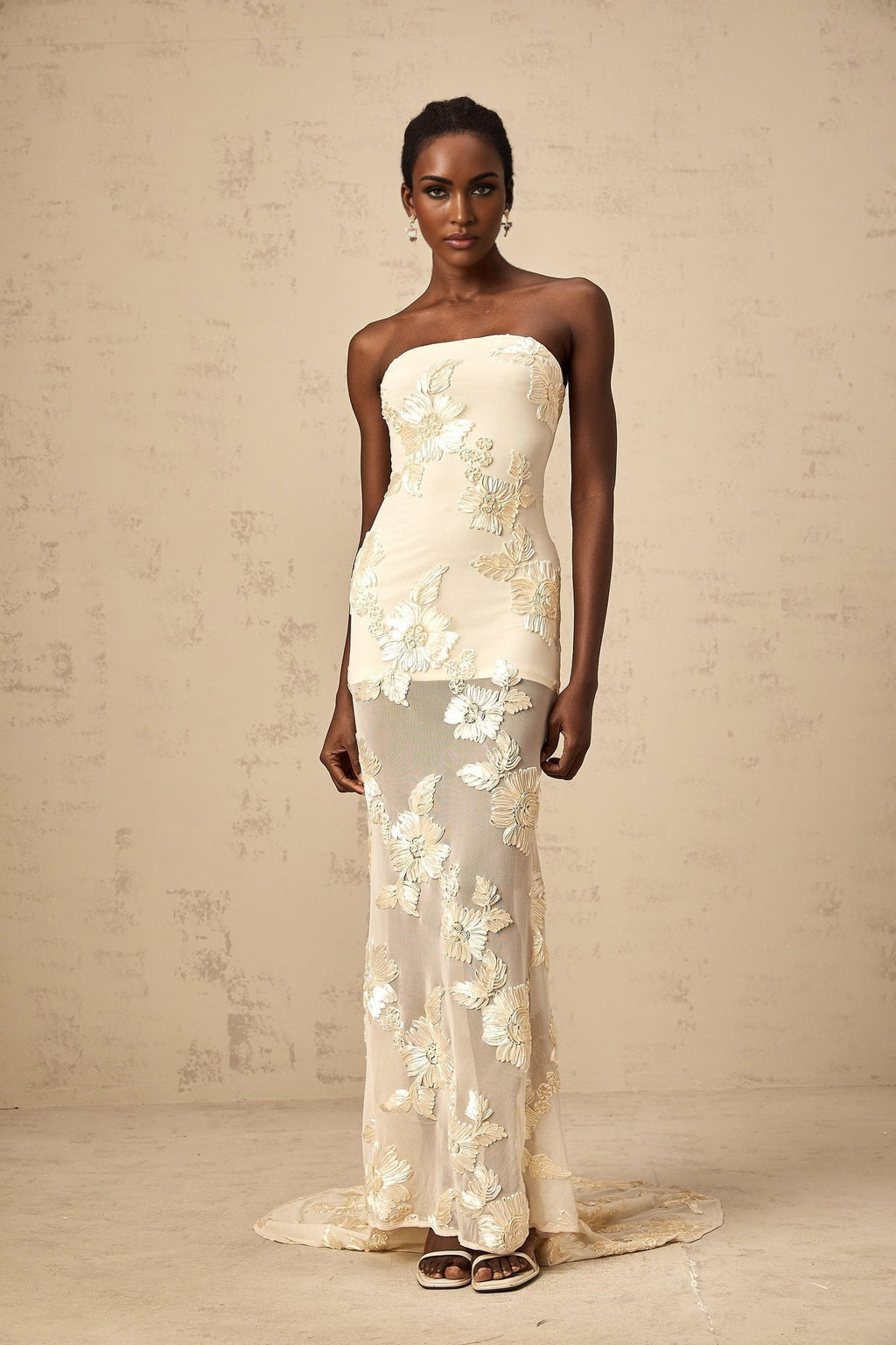Sophia Off - Shoulder Apricot Gown with Floral Embroidery