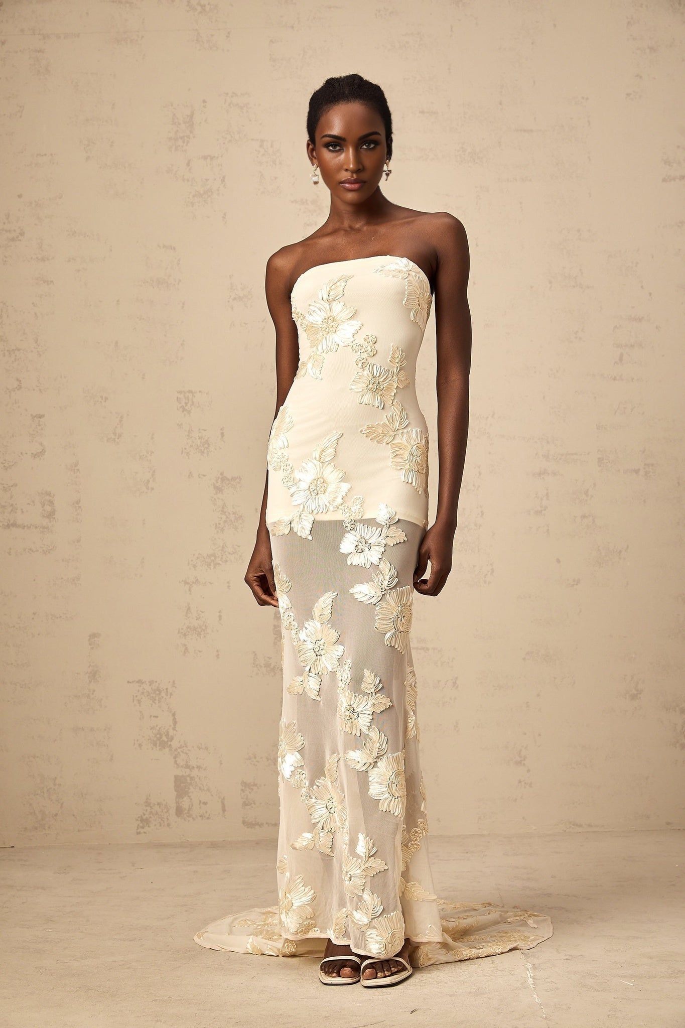 Sophia Off - Shoulder Apricot Gown with Floral Embroidery