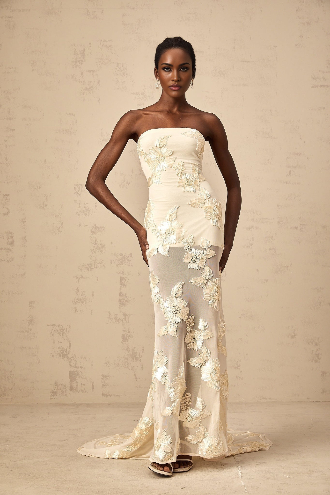 Sophia Off - Shoulder Apricot Gown with Floral Embroidery