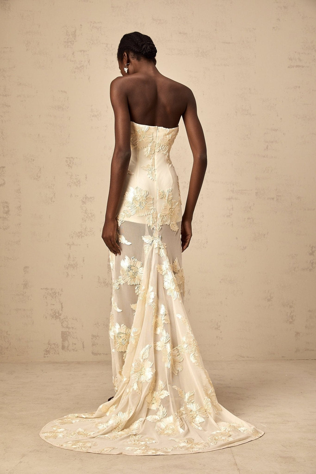 Sophia Off - Shoulder Apricot Gown with Floral Embroidery