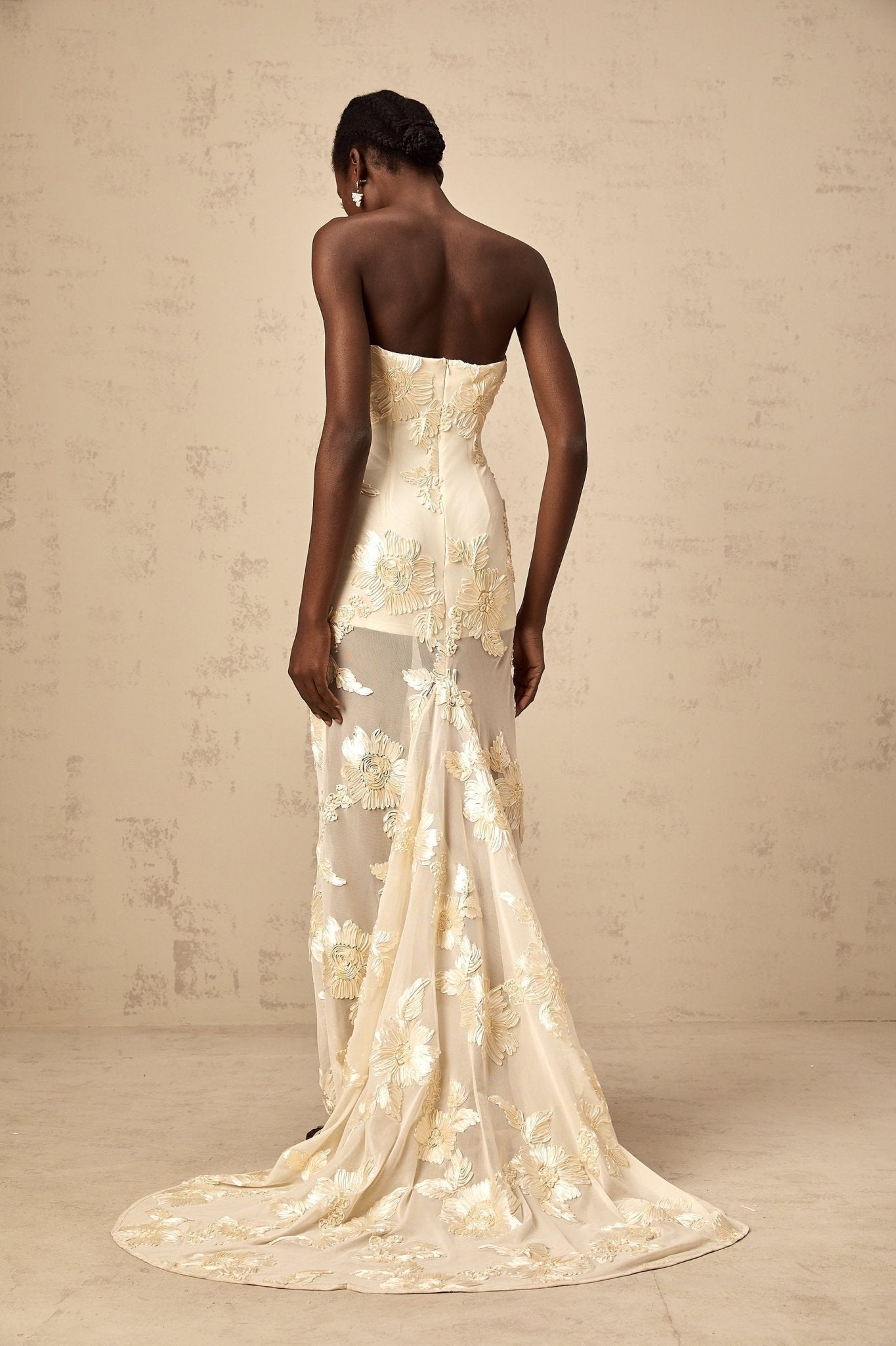 Sophia Off - Shoulder Apricot Gown with Floral Embroidery
