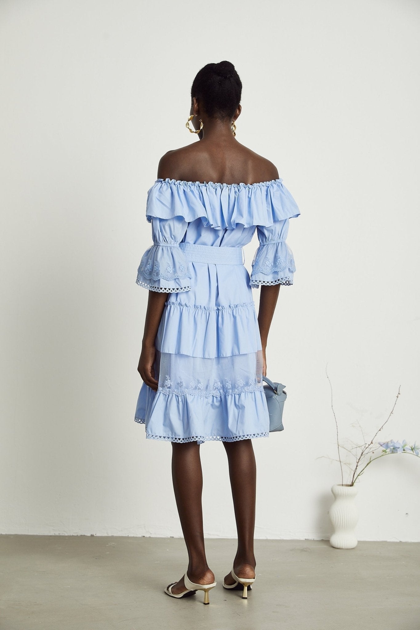 Sophie Blue Off - Shoulder Tiered Dress With Lace Trim and Waist Tie