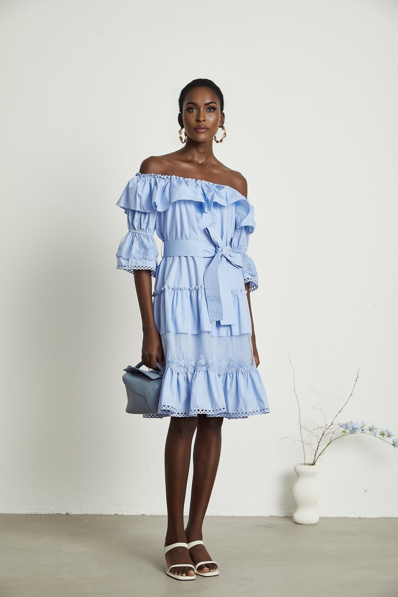 Sophie Blue Off - Shoulder Tiered Dress With Lace Trim and Waist Tie