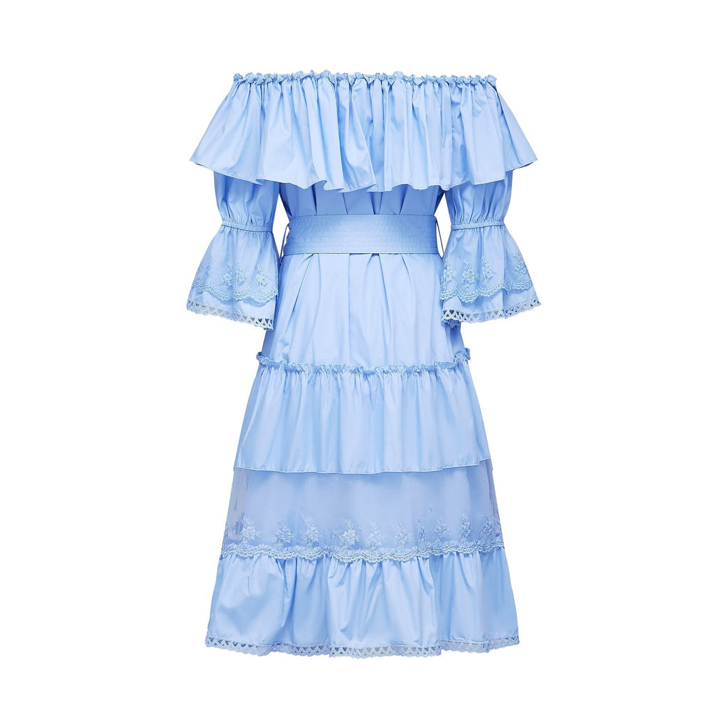 Sophie Blue Off - Shoulder Tiered Dress With Lace Trim and Waist Tie