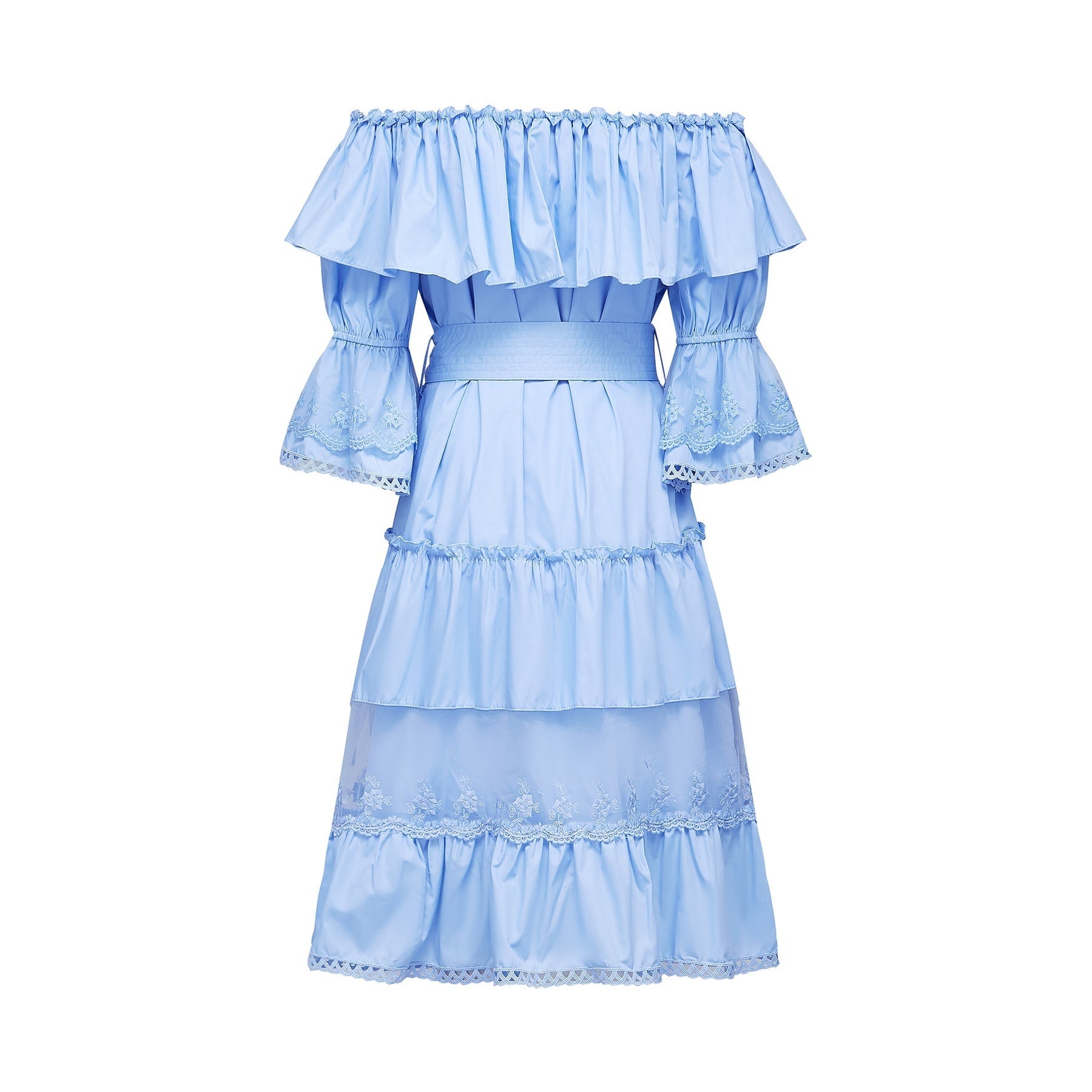 Sophie Blue Off - Shoulder Tiered Dress With Lace Trim and Waist Tie