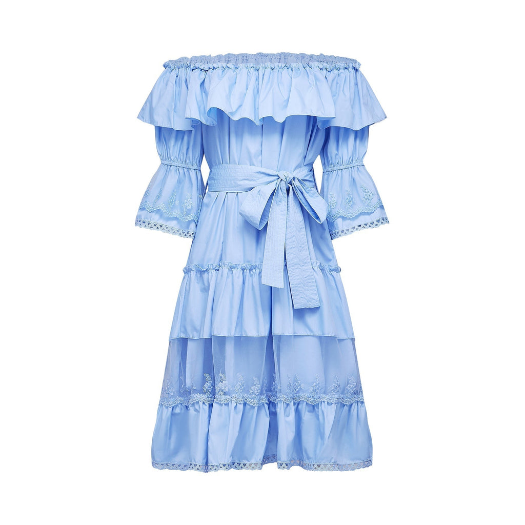 Sophie Blue Off - Shoulder Tiered Dress With Lace Trim and Waist Tie